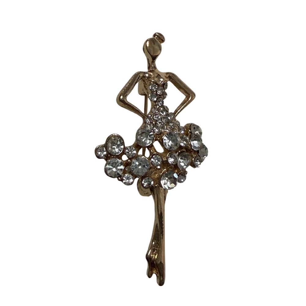 Vintage Gold Tone Ballerina Brooch Pin Rhinestone Ballet Dancer Recital Gift